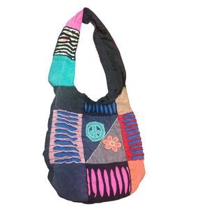 Handmade Patchwork Boho Sling Bag With Embroidered Peace & Flower Design Multico